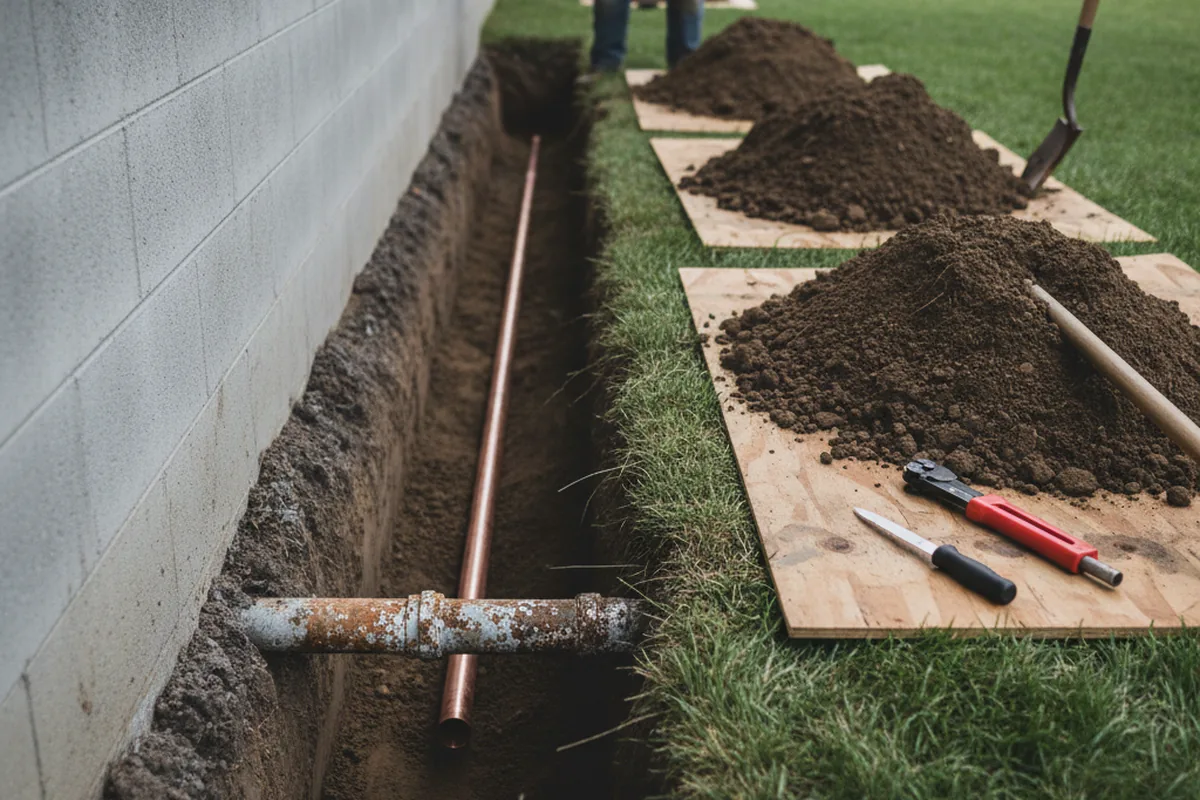 Excavated water line trench during Water Heater Repair in Auburn